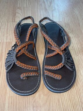 EUC Plaka Brown & Orange Boho Rope Sandals Size 8